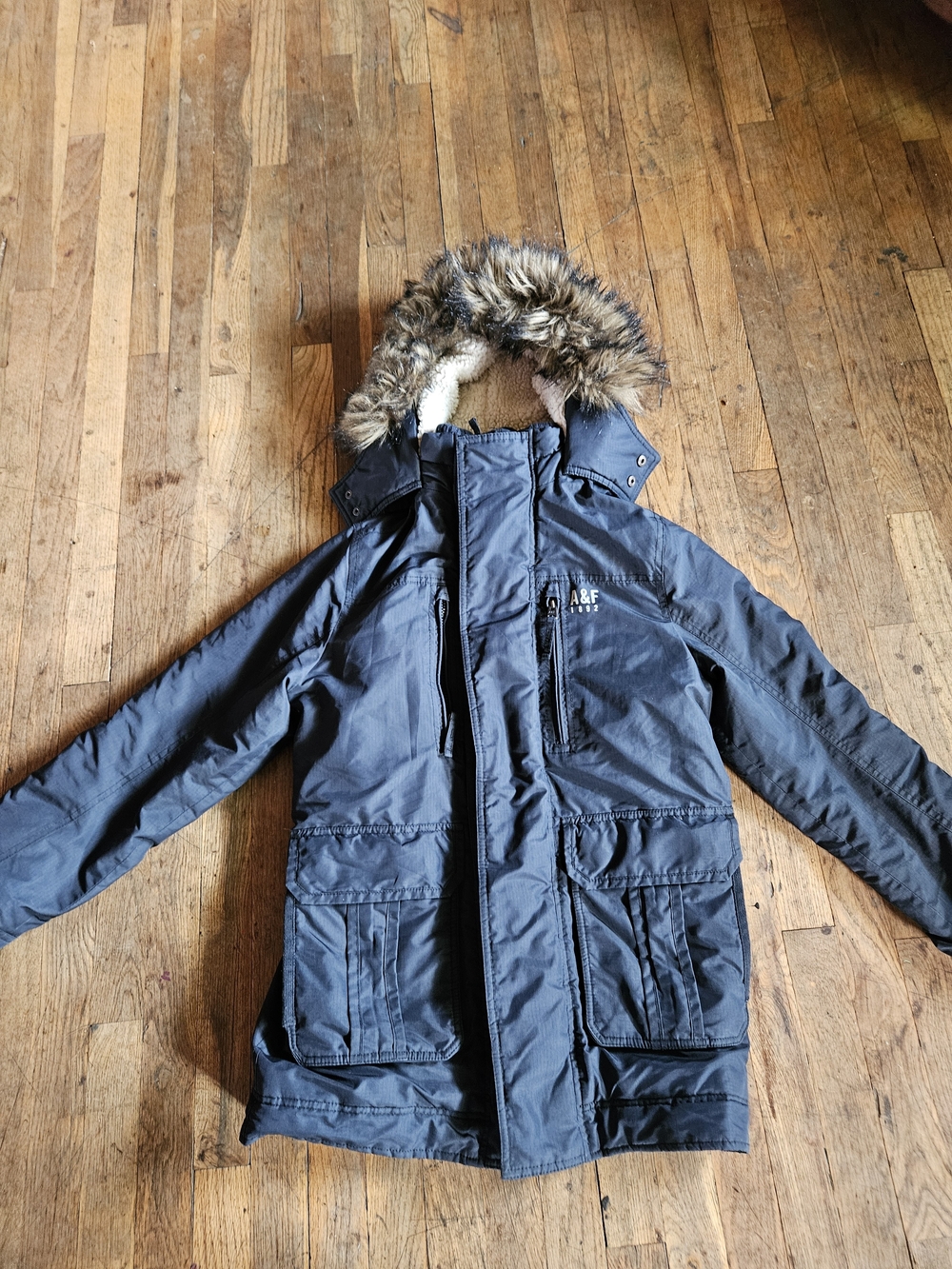 Abercrombie & Fitch Navy Field Parka with Faux Fur Hood